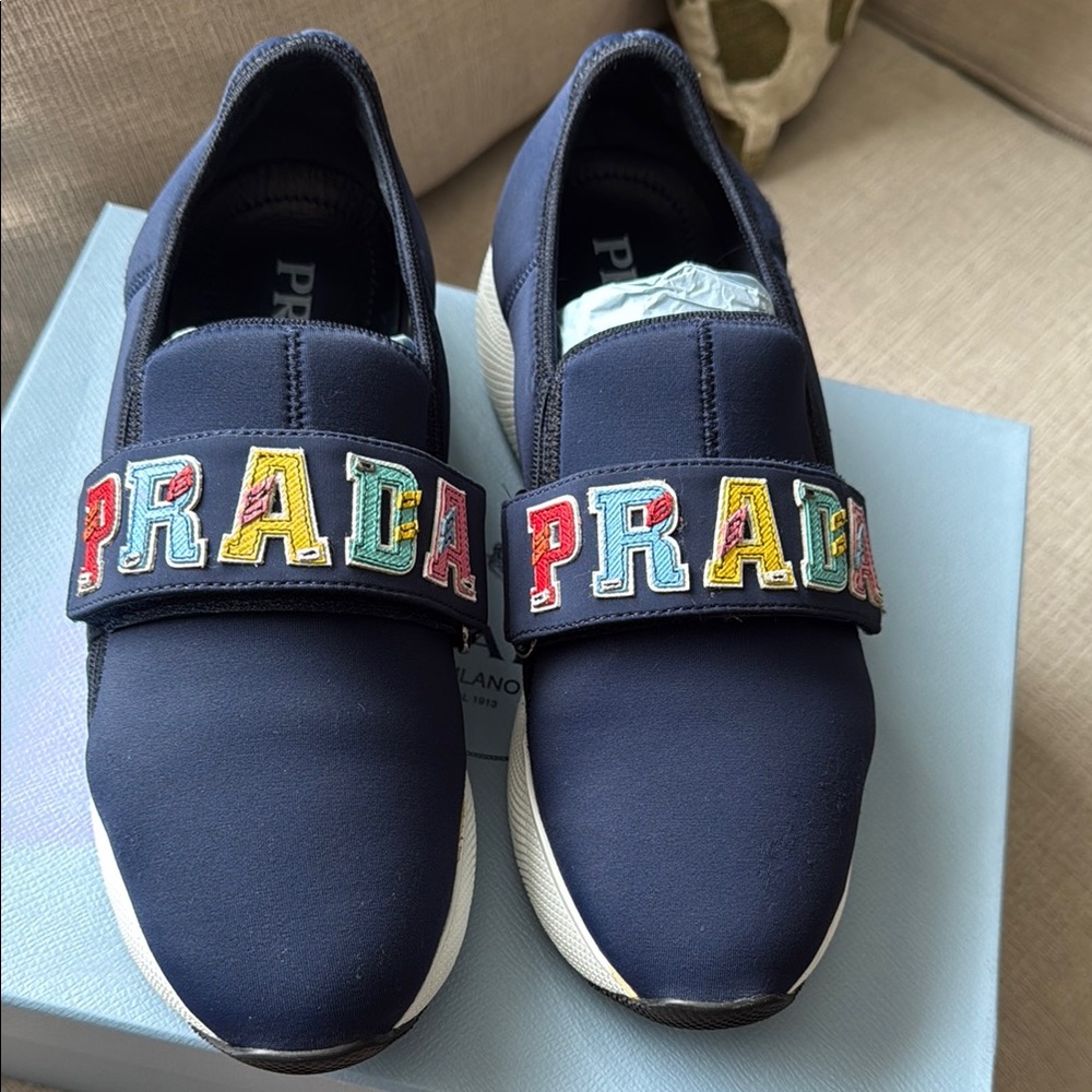 Prada Navy Sneakers with Multicolor Logo